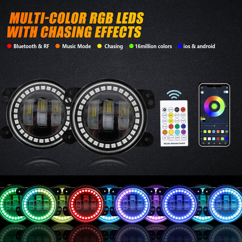 Nicoko Bluetooth app control 4" LED Fog Lights with Muticolor RGB Chase halo come with Music Function over 300 Chasing Modes for Wrangler JK JKU TJ LJ Dodge Chrysler Cherokee Front Bumper