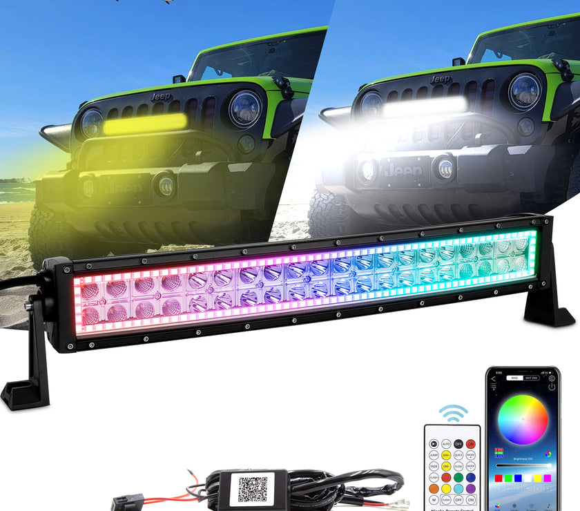 22 Inch 120W 12000LM Curved Amber White Double Row Spot Flood LED Light Bar with RGB Halo Ring