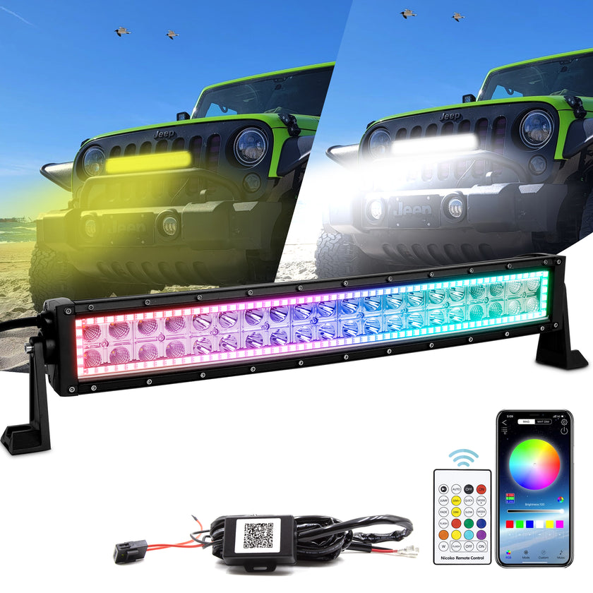 22 Inch 120W 12000LM Curved Amber White Double Row Spot Flood LED Light Bar with RGB Halo Ring