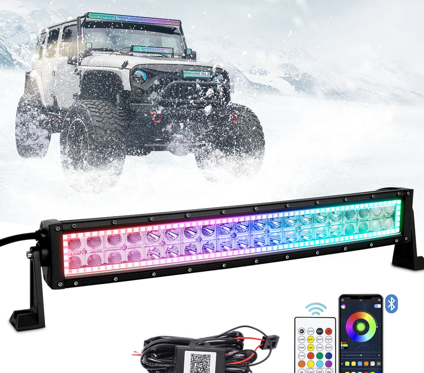 22 Inch 120W 12000LM Curved Double Row Spot Flood LED Light Bar with RGB Halo Ring