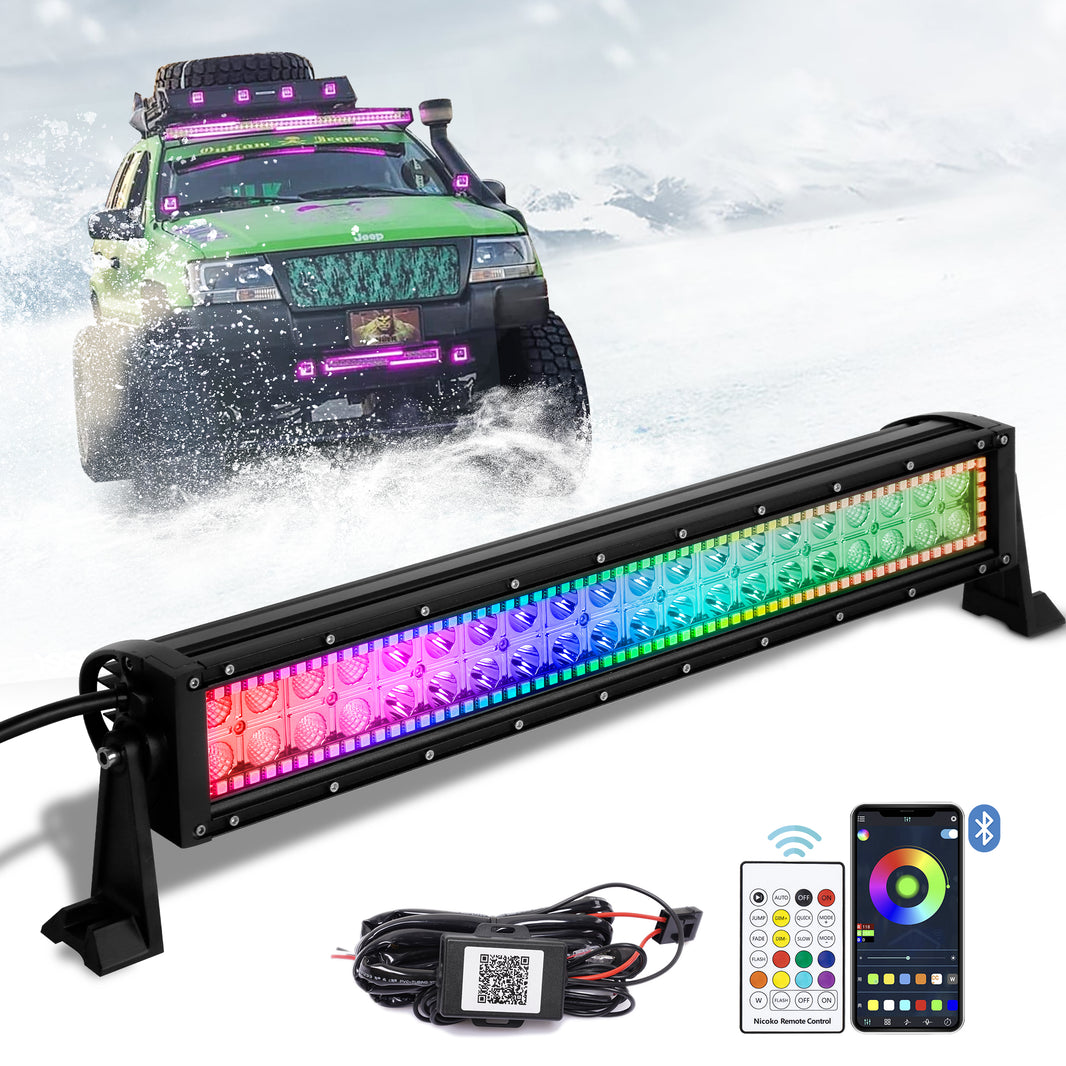 Nicoko 120w 20/22inch Straight Led light bar with Chasing RGB halo Strip