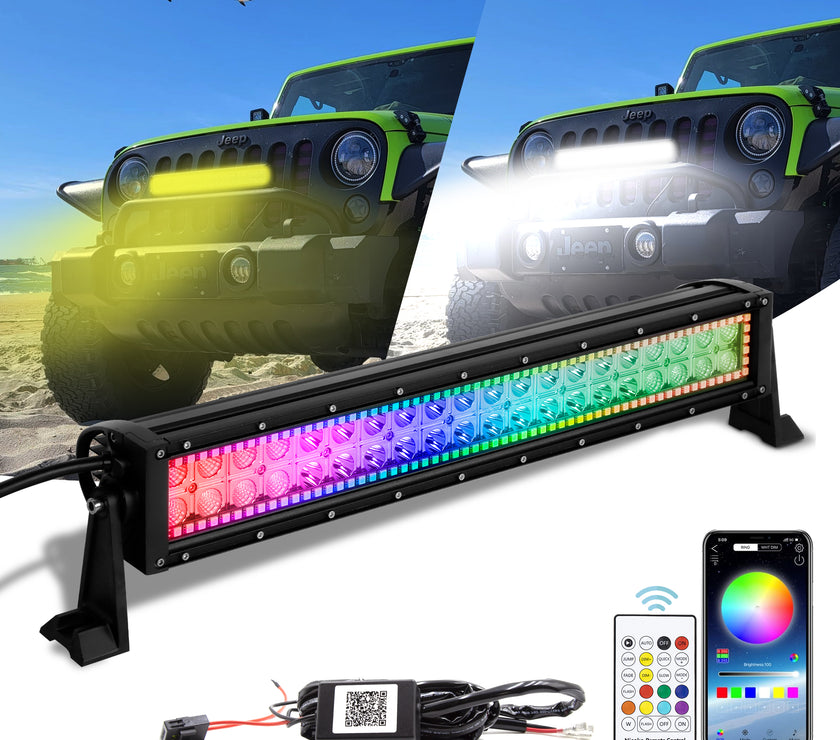 Nicoko Amber White Straight Led Light Bar 120w 22inch RGB Multicolor Chase Halo Over 200 Modes Controlled by App&Remote for Off Road Truck Polaris Razor Trucks SUV IP68 Waterproof