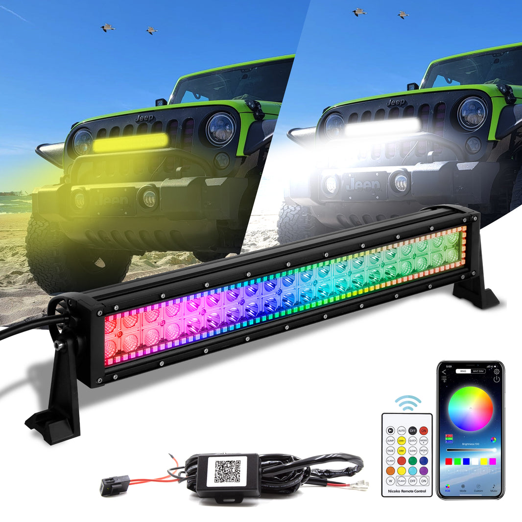 Nicoko Amber White Straight Led Light Bar 120w 22inch RGB Multicolor Chase Halo Over 200 Modes Controlled by App&Remote for Off Road Truck Polaris Razor Trucks SUV IP68 Waterproof