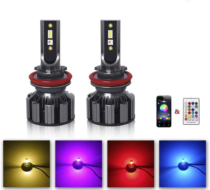 Nicoko H11/H9/H8 RGB LED Fog Light Bulb Multicolor Wireless APP Bluetooth Control 2 in 1 Auto Led Headlight Kits DRL Fog Driving Lights Bulbs Replacement Pack 2