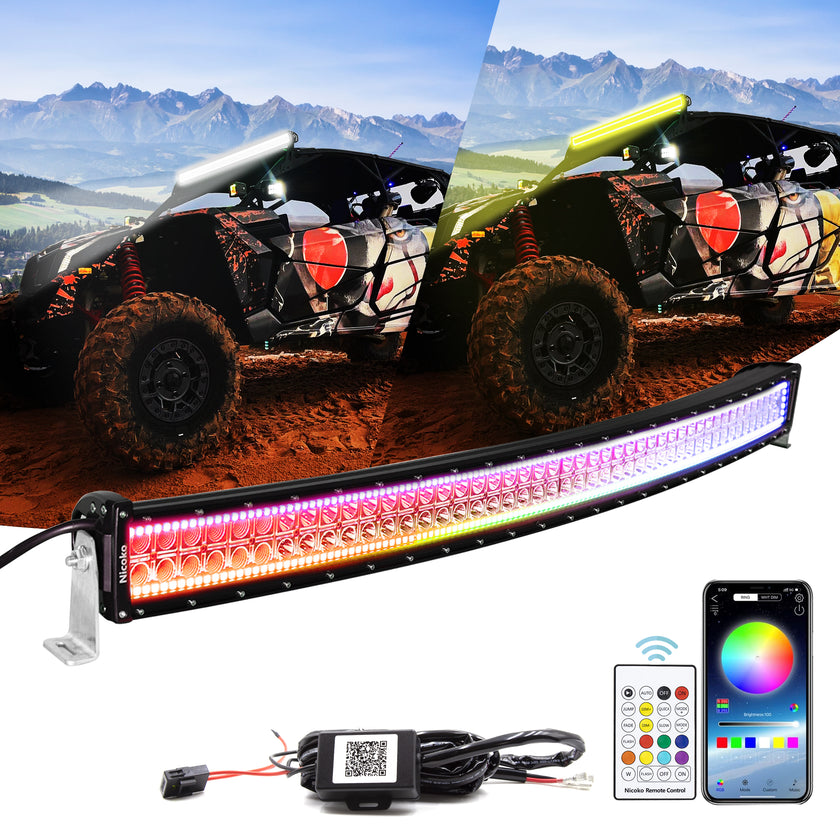 32 Inch 180W 18000LM Curved Amber White Double Row Spot Flood LED Light Bar with RGB Halo Ring