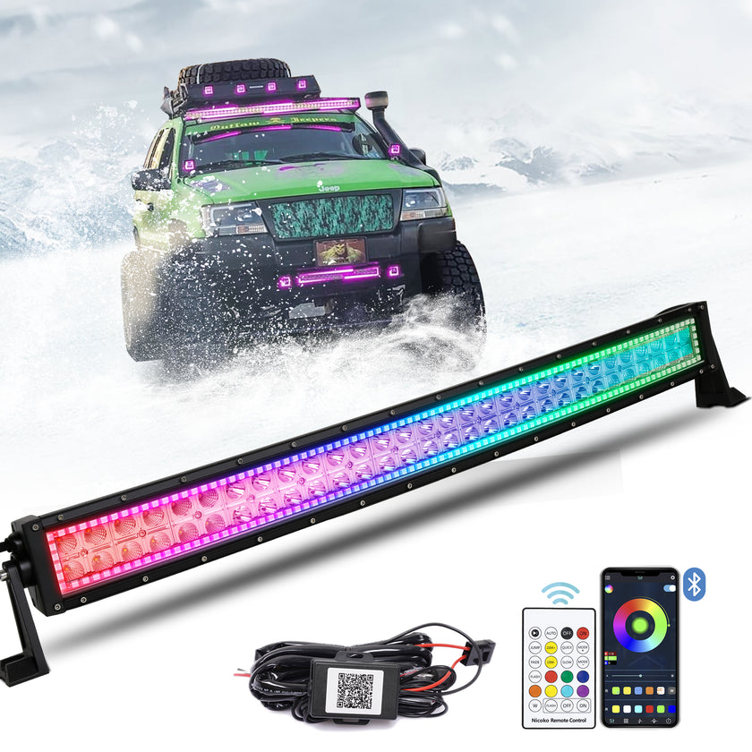 32 Inch 180W 18000LM Curved Double Row Spot Flood LED Light Bar with RGB Halo Ring