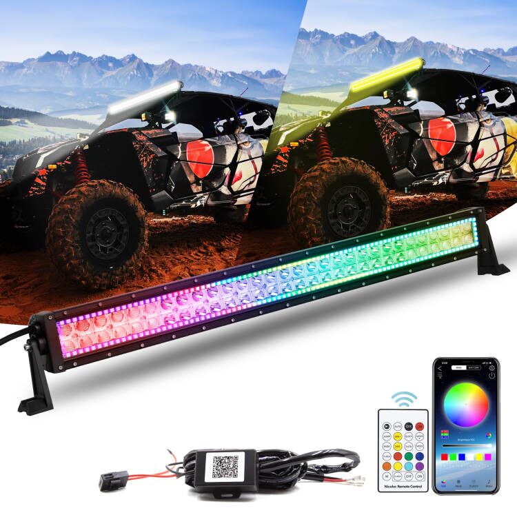 Nicoko Amber White Straight Led Light Bar 180w 32inch RGB Multicolor Chase Halo Over 200 Modes Controlled by App&Remote for Off Road Truck Polaris Razor Trucks SUV IP68 Waterproof