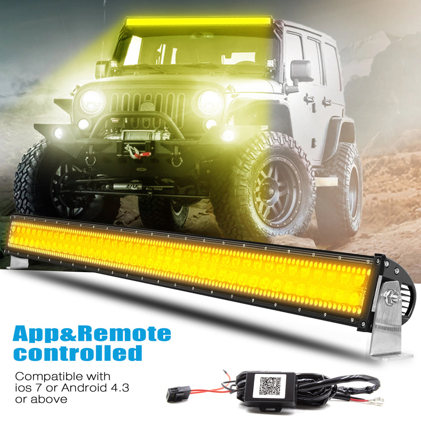 Nicoko Amber White Straight Led Light Bar 180w 32inch RGB Multicolor Chase Halo Over 200 Modes Controlled by App&Remote for Off Road Truck Polaris Razor Trucks SUV IP68 Waterproof