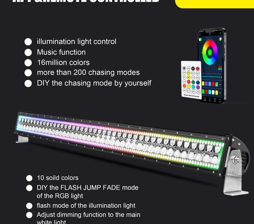 Nicoko Amber White Straight Led Light Bar 120w 22inch RGB Multicolor Chase Halo Over 200 Modes Controlled by App&Remote for Off Road Truck Polaris Razor Trucks SUV IP68 Waterproof