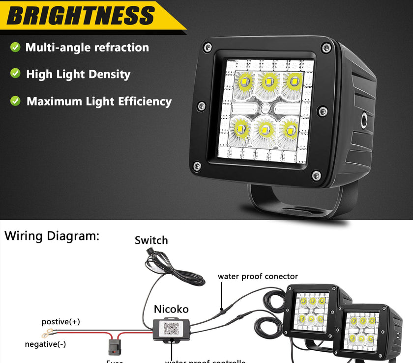 Nicoko 3inch 18W Flood Beam Square Pod Lights 2PCS