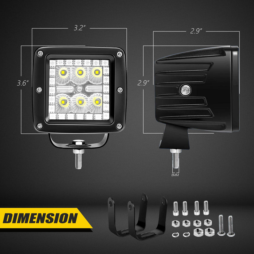 Nicoko 3inch 18W Flood Beam Square Pod Lights 2PCS