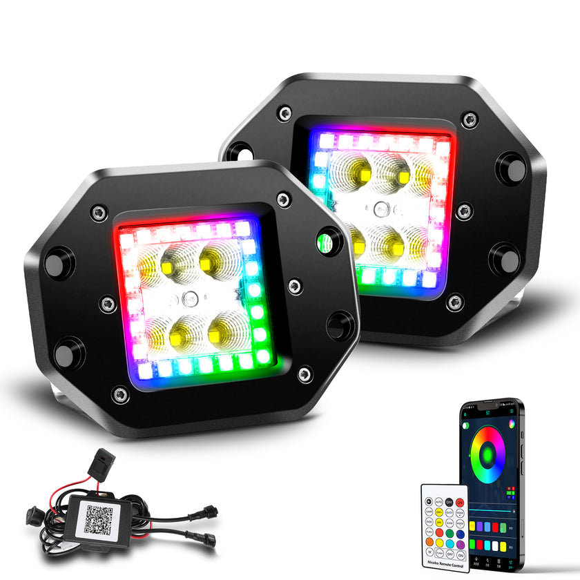 Nicoko Flush Mount White&RGB Pods Light 3inch 18W LED Flood Beam Driving Lights Fog Lamp with APP&Remote Multicolor Chase Halo fashing for Offroad Truck Pickup ATV UTV SUV (Pack 2)