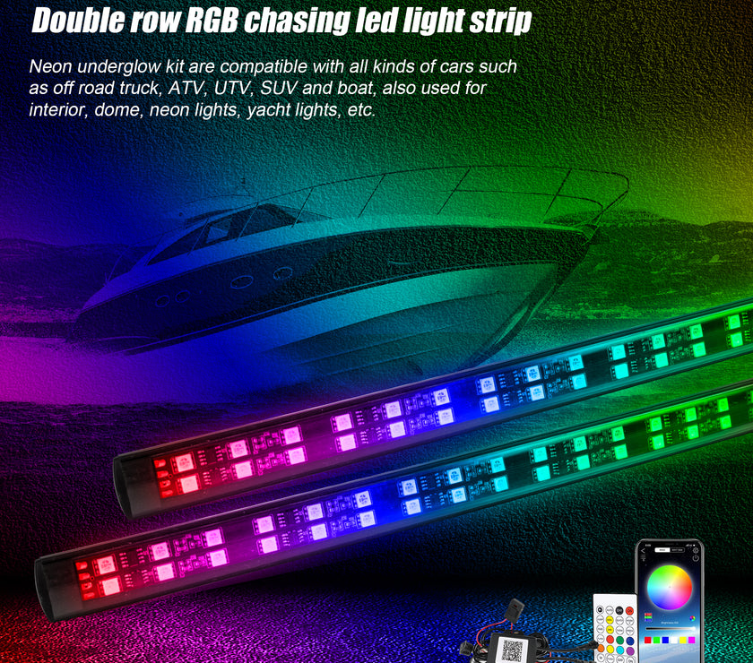 Nicoko Double Row 15.7inch RGB Chase LED Marine Navigation Light Strip Kit Neon Ambient Lighting Strips Bluetooth&Remote Controlled IP68 Waterproof 2 Years Warranty for Fishing Boat Pack 2