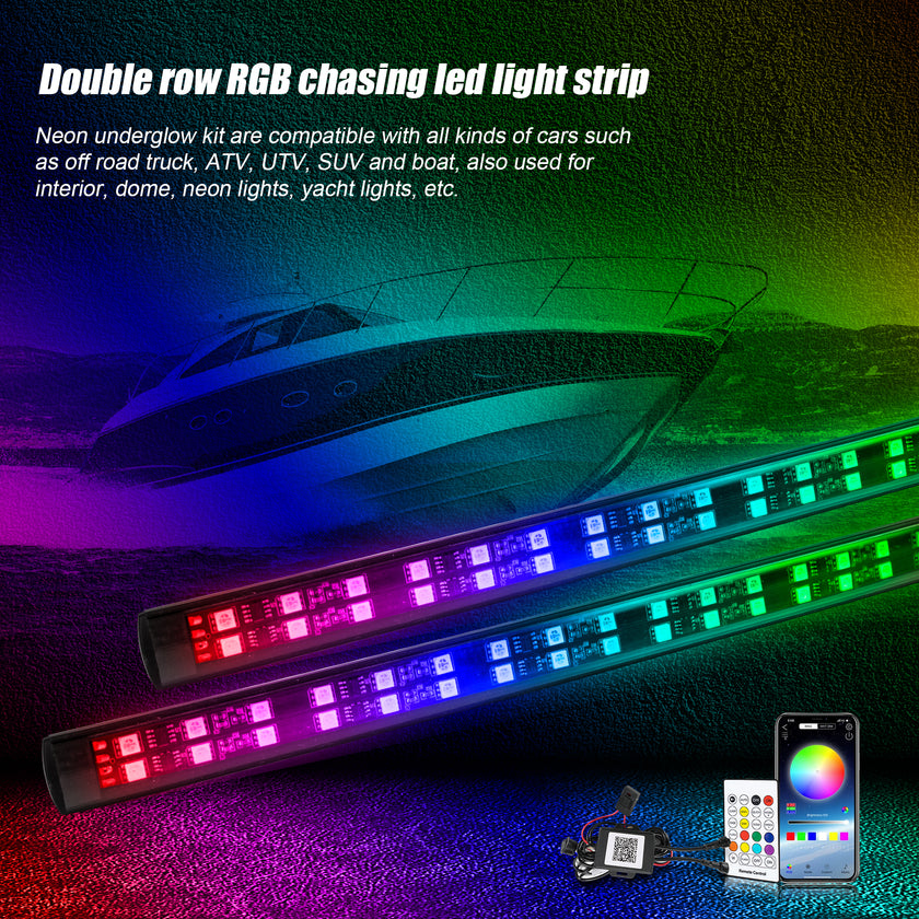 Nicoko Double Row 15.7inch RGB Chase LED Marine Navigation Light Strip Kit Neon Ambient Lighting Strips Bluetooth&Remote Controlled IP68 Waterproof 2 Years Warranty for Fishing Boat Pack 2