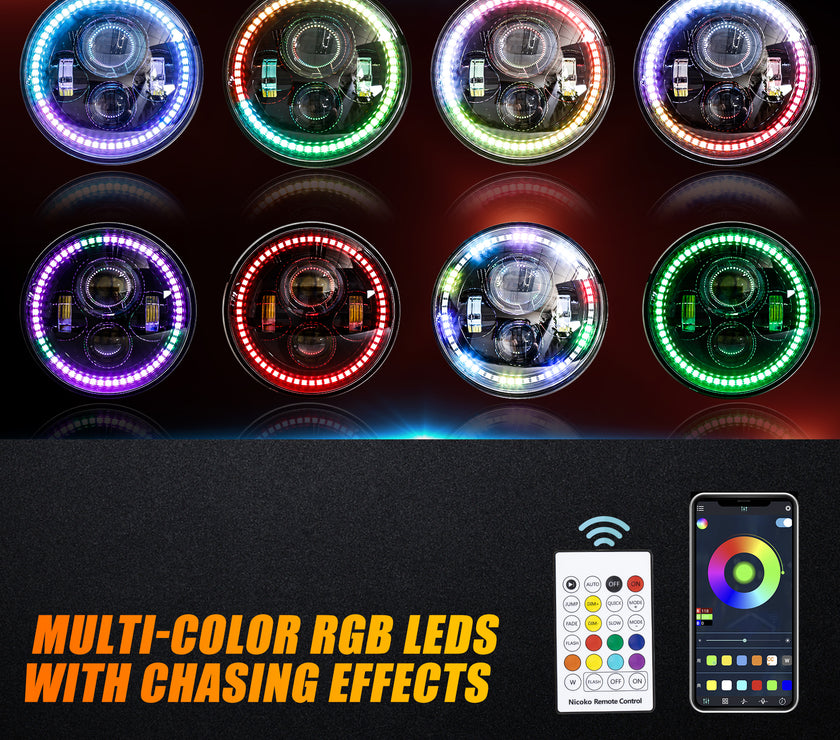 DOT Approved Nicoko Bluetooth app control 7" LED RGB Headlight Headlamp Flashing Muticolor RGB Chasing Angel Eye Halo with Music Function for Wrangler JK LJ CJ TJ Rubicon