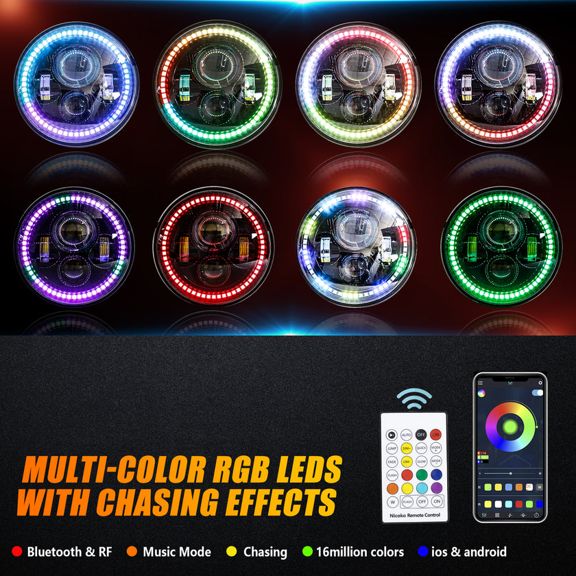 DOT Approved Nicoko Bluetooth app control 7" LED RGB Headlight Headlamp Flashing Muticolor RGB Chasing Angel Eye Halo with Music Function for Wrangler JK LJ CJ TJ Rubicon