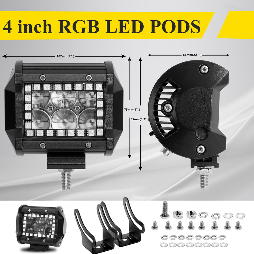 Nicoko RGB Led pods 2 pcs 4Inch 18W 1560LM Multicolor Spot Chase Lights App&Remote Controlled