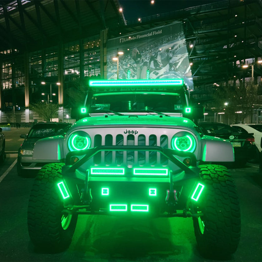 Nicoko Bluetooth app control 4" LED Fog Lights with Muticolor RGB Chase halo come with Music Function over 300 Chasing Modes for Wrangler JK JKU TJ LJ Dodge Chrysler Cherokee Front Bumper