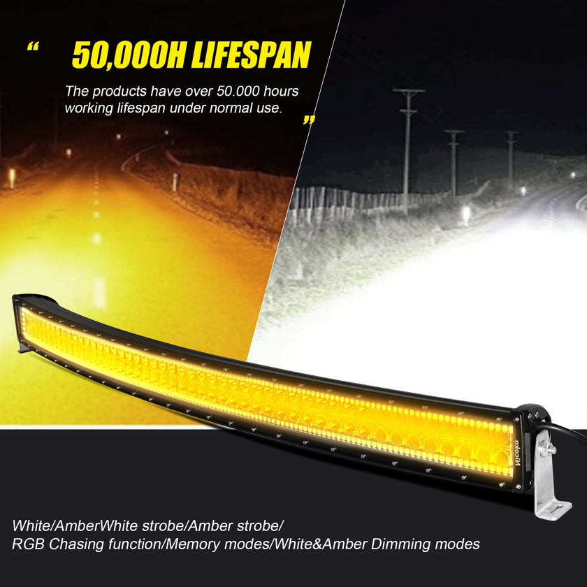 42 Inch 240W 24000LM Curved Amber White Double Row Spot Flood LED Light Bar with RGB Halo Ring