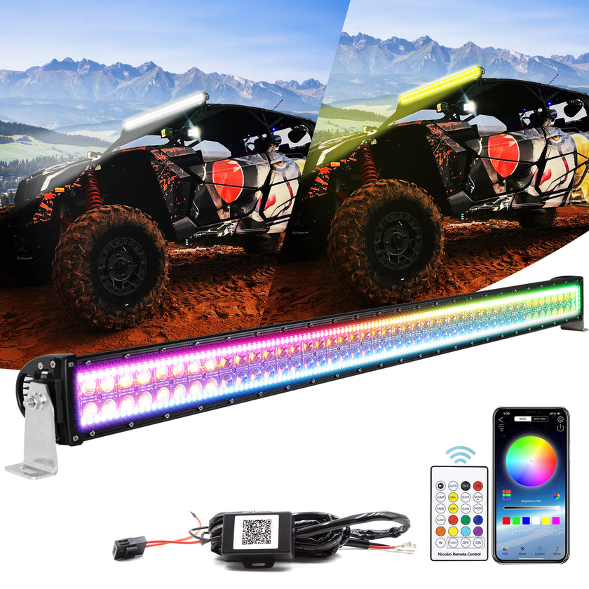 Nicoko Amber White Straight Led Light Bar 240w 42inch RGB Multicolor Chase Halo Over 200 Modes Controlled by App&Remote for Off Road Truck Polaris Razor Trucks SUV IP68 Waterproof