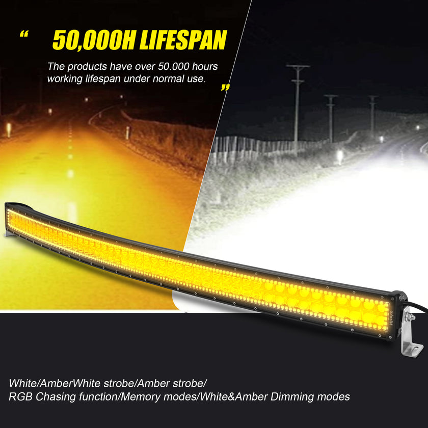 50 Inch 288W 28800LM Curved Amber White Double Row Spot Flood LED Light Bar with RGB Halo Ring