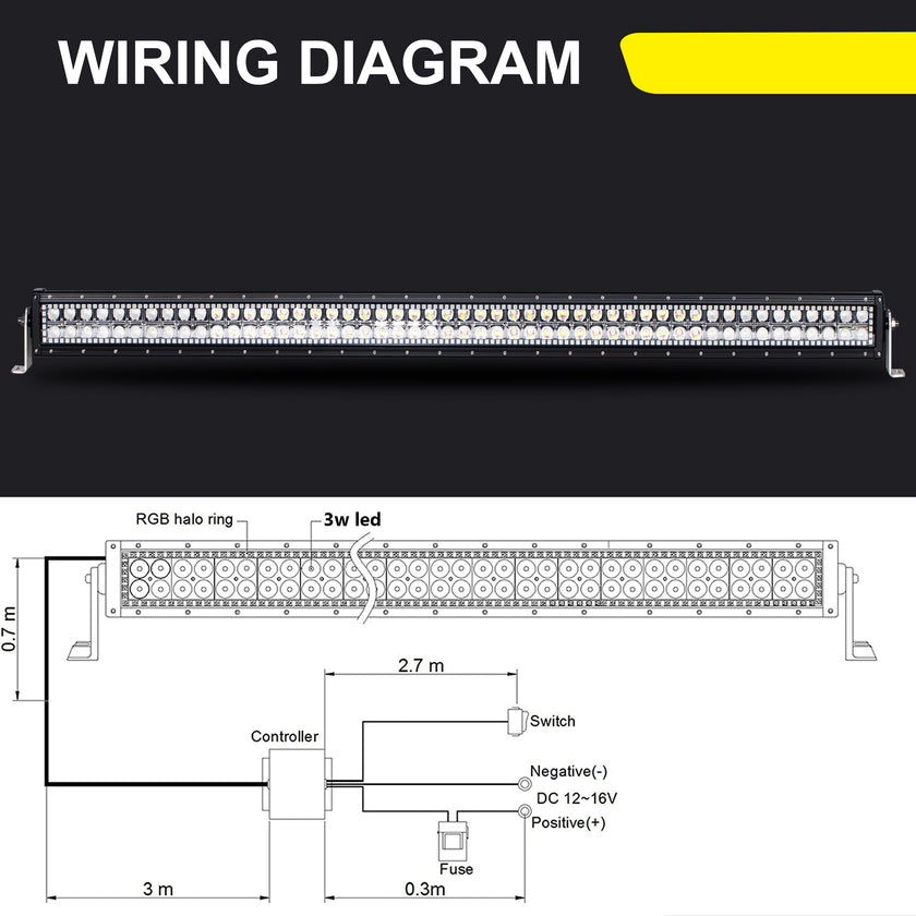 50 Inch 288W 28800LM Curved Amber White Double Row Spot Flood LED Light Bar with RGB Halo Ring