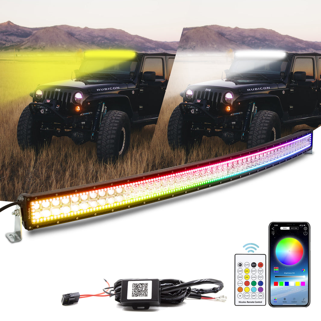 50 Inch 288W 28800LM Curved Amber White Double Row Spot Flood LED Light Bar with RGB Halo Ring