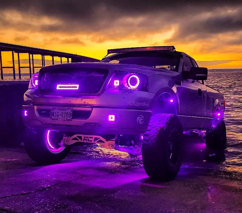 Nicoko 8 Pack RGB LED Chasing Multicolor Neon Rock Lights with 216 LEDs 8 Extension Underglow Wire Kit with APP/RF Flashing Music Wheel Well Control Lighting with Halo IP68 for Off-Road Car,Truck