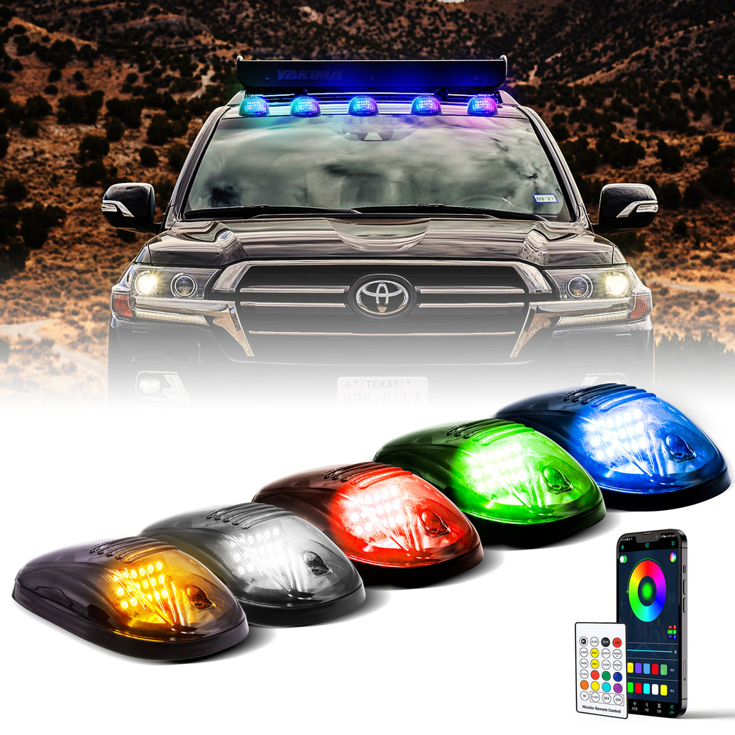 Nicoko Smoke Cab Lights RGBW Cab Roof Running Top Marker Lights with 16 Million Colors Including Amber and White Light with Over 200 Flashing Modes and 18 Light Beads for Truck, Pickup, Ford (5PCS)