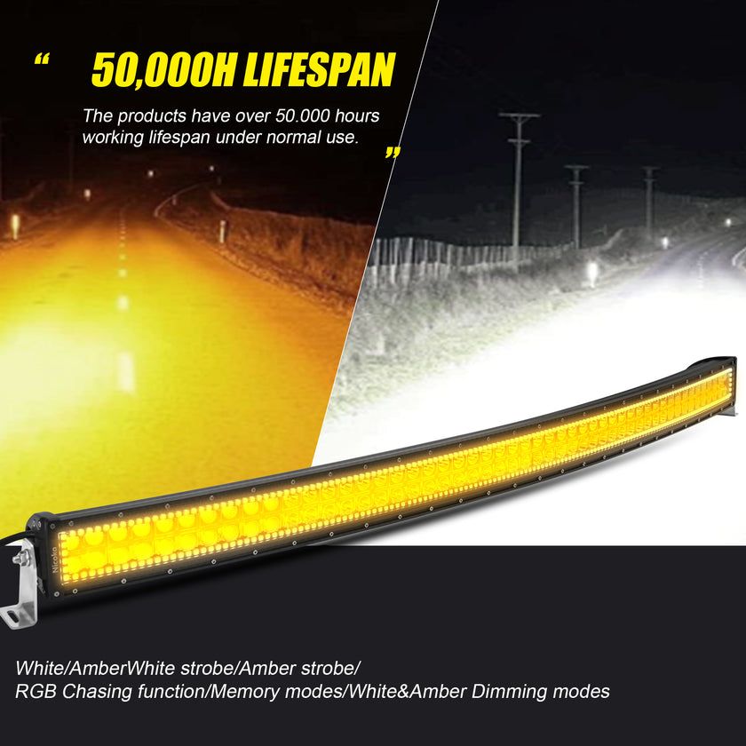 52 Inch 300W 30000LM Curved Amber White Double Row Spot Flood LED Light Bar with RGB Halo Ring