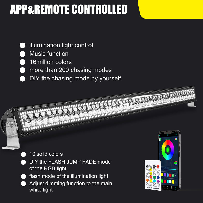 Nicoko Amber White Straight Led Light Bar 300w 52inch RGB Multicolor Chase Halo Over 200 Modes Controlled by App&Remote for Off Road Truck Polaris Razor Trucks SUV IP68 Waterproof