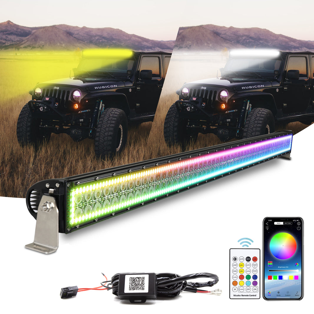 Nicoko Amber White Straight Led Light Bar 300w 52inch RGB Multicolor Chase Halo Over 200 Modes Controlled by App&Remote for Off Road Truck Polaris Razor Trucks SUV IP68 Waterproof