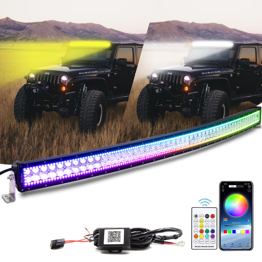 52 Inch 300W 30000LM Curved Amber White Double Row Spot Flood LED Light Bar with RGB Halo Ring