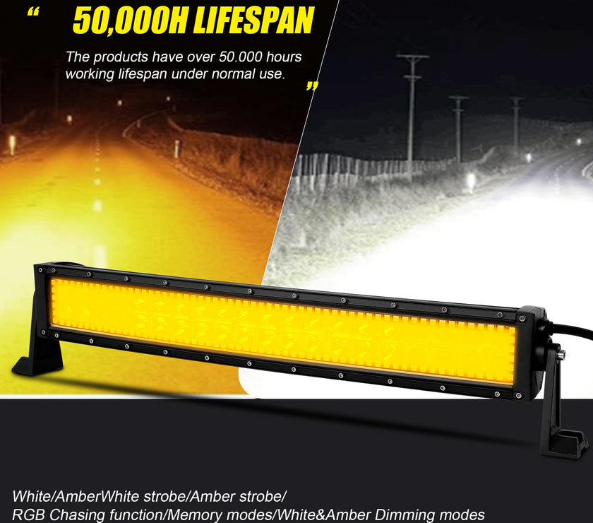 22 Inch 120W 12000LM Curved Amber White Double Row Spot Flood LED Light Bar with RGB Halo Ring