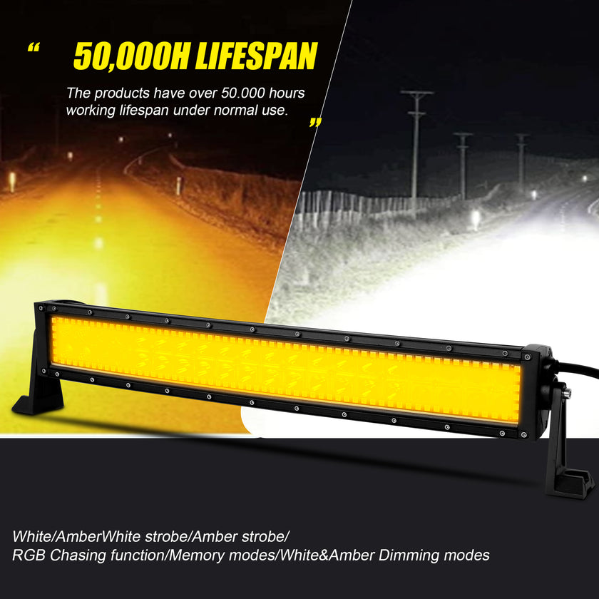 22 Inch 120W 12000LM Curved Amber White Double Row Spot Flood LED Light Bar with RGB Halo Ring