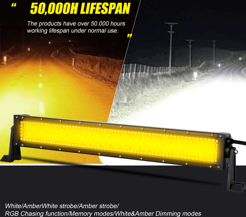 Nicoko Amber White Straight Led Light Bar 120w 22inch RGB Multicolor Chase Halo Over 200 Modes Controlled by App&Remote for Off Road Truck Polaris Razor Trucks SUV IP68 Waterproof