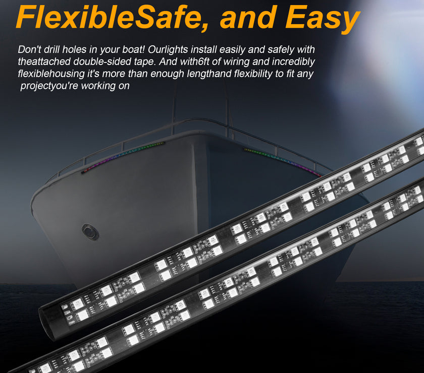 Nicoko Double Row 15.7inch RGB Chase LED Marine Navigation Light Strip Kit Neon Ambient Lighting Strips Bluetooth&Remote Controlled IP68 Waterproof 2 Years Warranty for Fishing Boat Pack 2