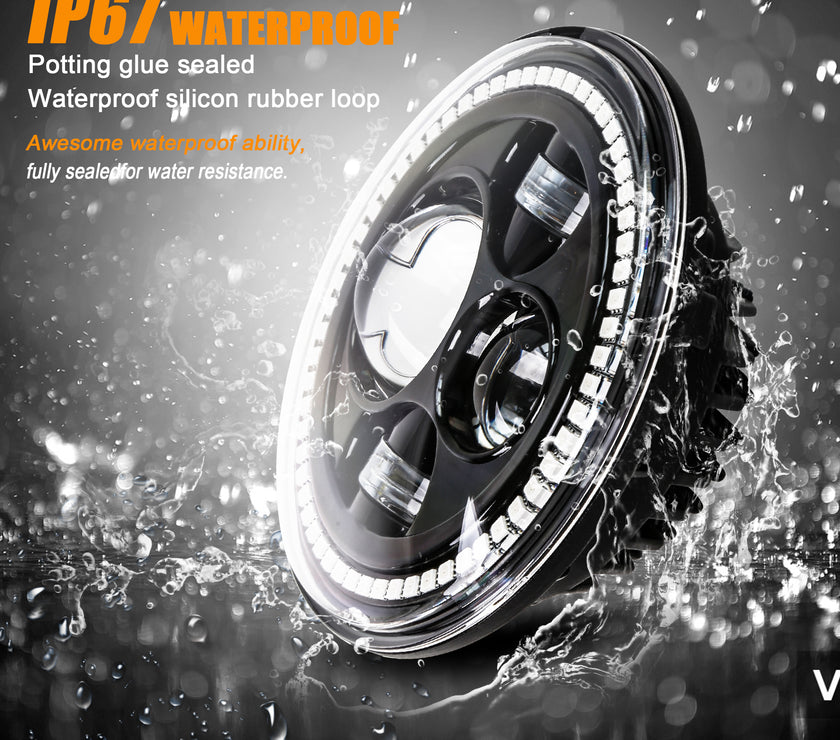 DOT Approved Nicoko Bluetooth app control 7" LED RGB Headlight Headlamp Flashing Muticolor RGB Chasing Angel Eye Halo with Music Function for Wrangler JK LJ CJ TJ Rubicon