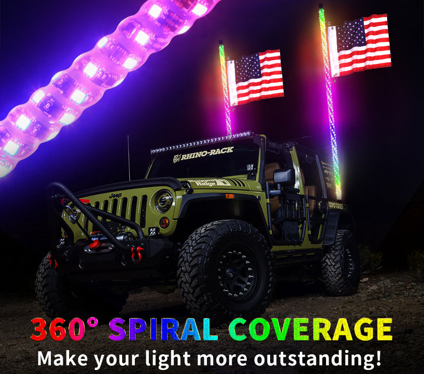 1set 2PC 3FT RGB 16million Colors bluetooth app & RF Remote Control LED Whip Light w/ Flag