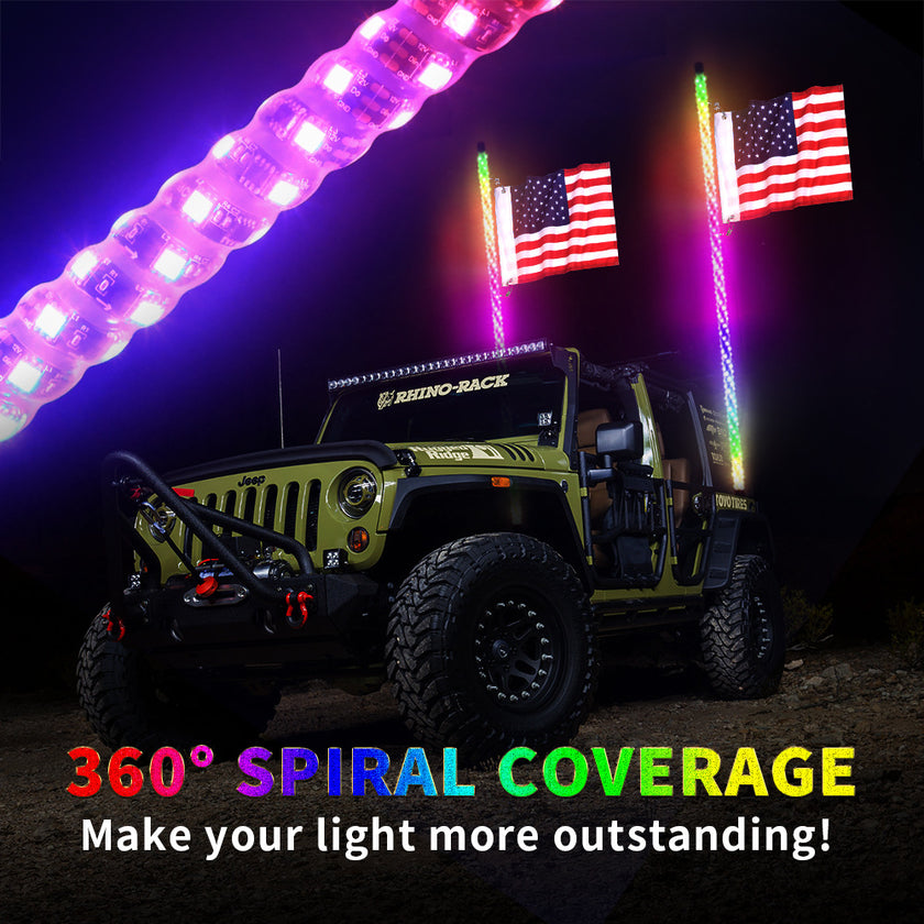 1set 2PC 3FT RGB 16million Colors bluetooth app & RF Remote Control LED Whip Light w/ Flag