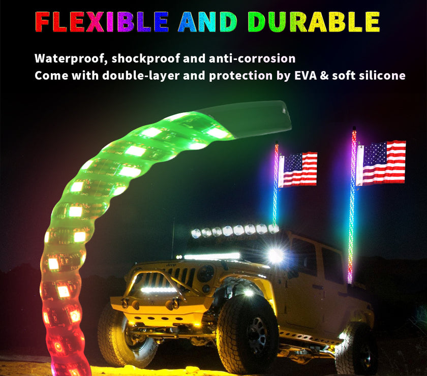 1set 2PC 3FT RGB 16million Colors bluetooth app & RF Remote Control LED Whip Light w/ Flag