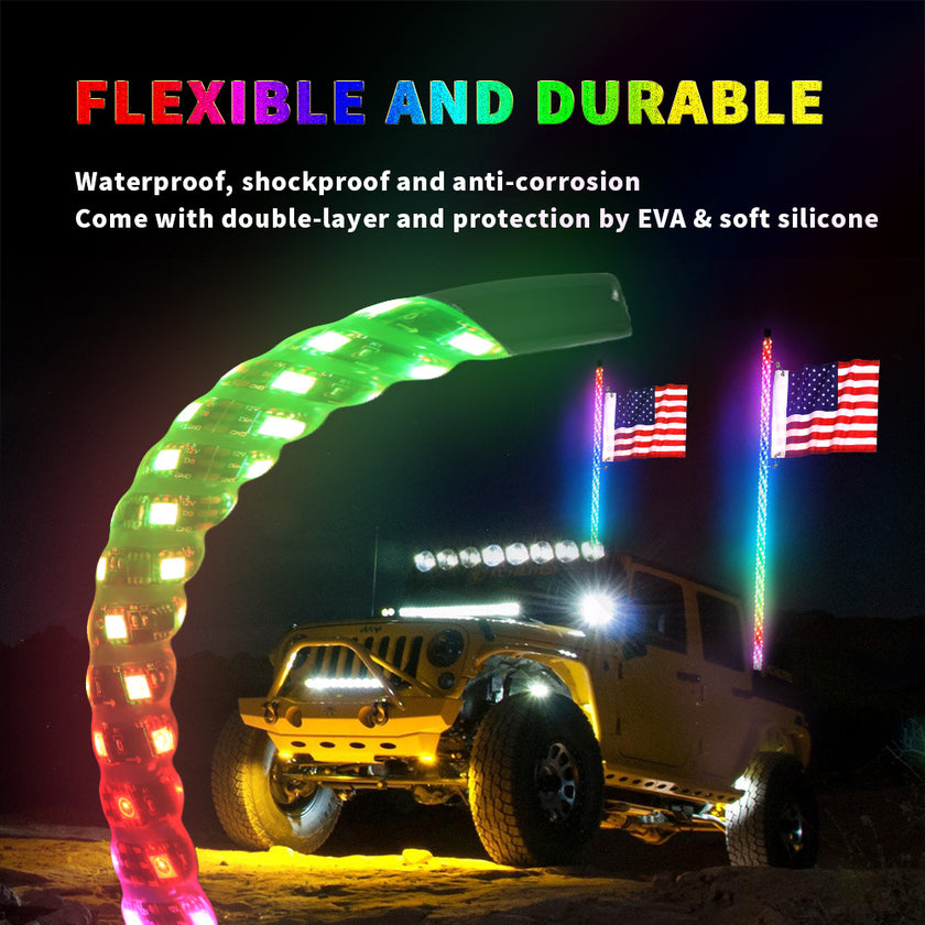 1set 2PC 3FT RGB 16million Colors bluetooth app & RF Remote Control LED Whip Light w/ Flag