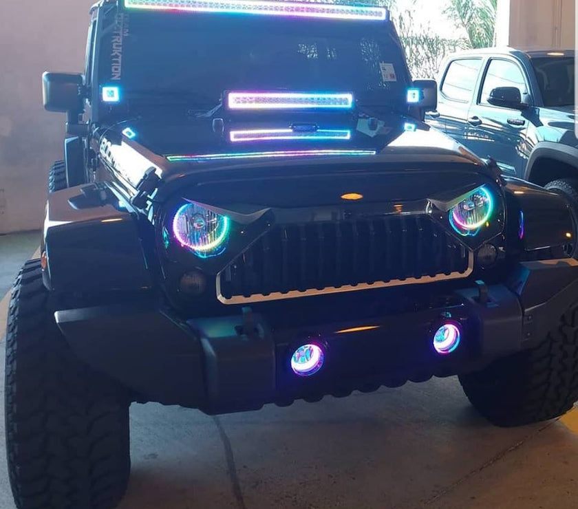 Nicoko Bluetooth app control 4" LED Fog Lights with Muticolor RGB Chase halo come with Music Function over 300 Chasing Modes for Wrangler JK JKU TJ LJ Dodge Chrysler Cherokee Front Bumper