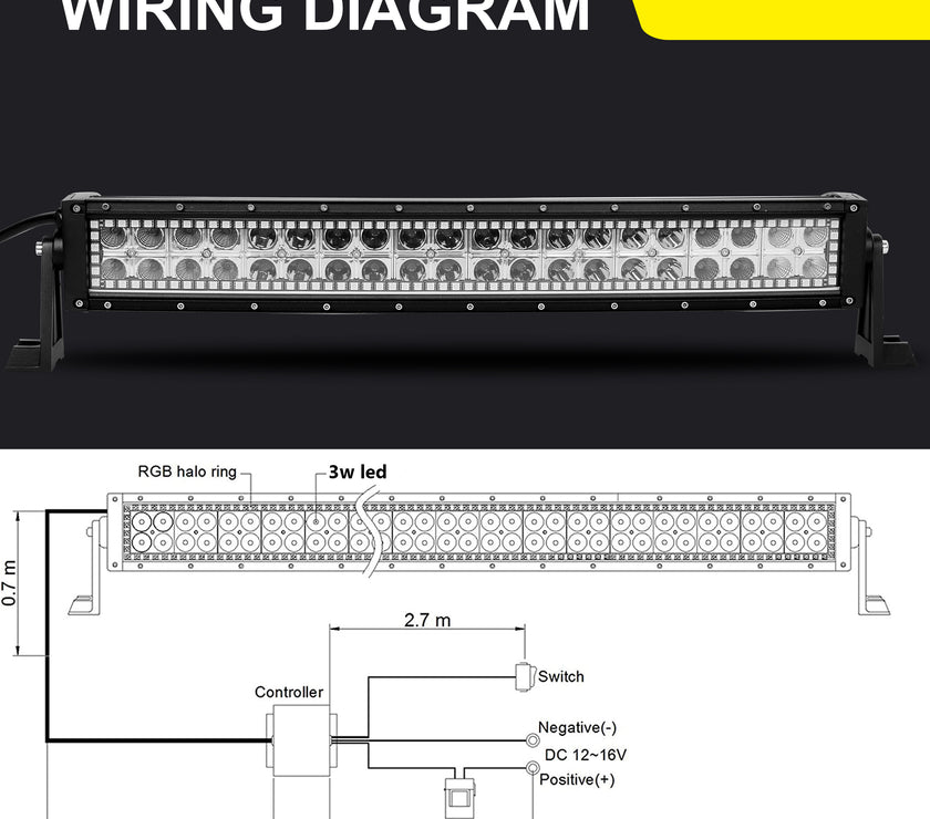 22 Inch 120W 12000LM Curved Amber White Double Row Spot Flood LED Light Bar with RGB Halo Ring