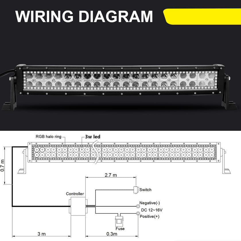 22 Inch 120W 12000LM Curved Amber White Double Row Spot Flood LED Light Bar with RGB Halo Ring