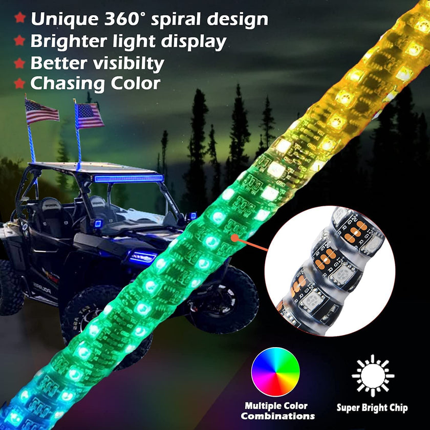 Nicoko 2pc 4ft LED Whip Light with Bluetooth& Remote Control Over 300 Lighting Modes Spiral RGB Chase Light