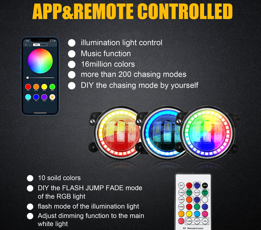 Nicoko Bluetooth app control 4" LED Fog Lights with Muticolor RGB Chase halo come with Music Function over 300 Chasing Modes for Wrangler JK JKU TJ LJ Dodge Chrysler Cherokee Front Bumper
