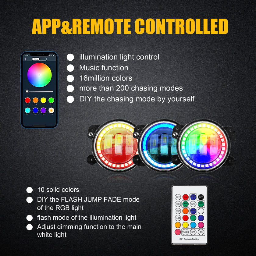 Nicoko Bluetooth app control 4" LED Fog Lights with Muticolor RGB Chase halo come with Music Function over 300 Chasing Modes for Wrangler JK JKU TJ LJ Dodge Chrysler Cherokee Front Bumper