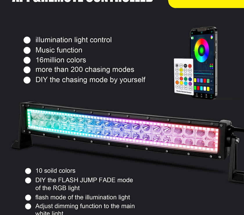 22 Inch 120W 12000LM Curved Amber White Double Row Spot Flood LED Light Bar with RGB Halo Ring