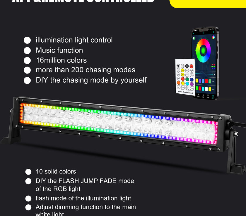 Nicoko Amber White Straight Led Light Bar 120w 22inch RGB Multicolor Chase Halo Over 200 Modes Controlled by App&Remote for Off Road Truck Polaris Razor Trucks SUV IP68 Waterproof